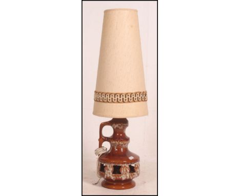 A good 1970's retro West German fat lava table lamp in brown glaze with original tall conical shade 115cm high x 38cm wide x 