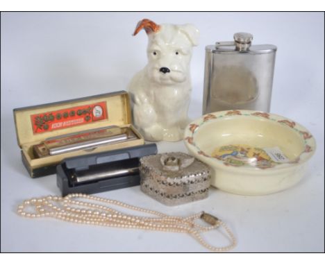 A good mixed lot to include : stainless steel turned decor hip flask , Beswick West highland Terrier dog puppy  -  7819 marke