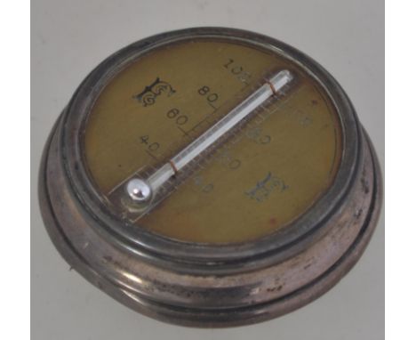 A silver hallmarked desk top thermometer of circular form bearing marks for Birmingham 1908. Maker Joseph Gloster. Total weig