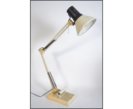 A 20th century anglepoise Industrial style desk lamp in white with square weighted base having 2 tone painted shade