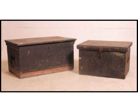 Two late 19th early 20th century ebonised pine  tool boxes, each tool box containing a selection of wood working tools  . 35c