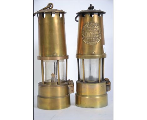 Set of 2 x The protector lamp & lighting Co. Ltd miners lamp, of typical tapered form Type A.1. one branded and marked with t