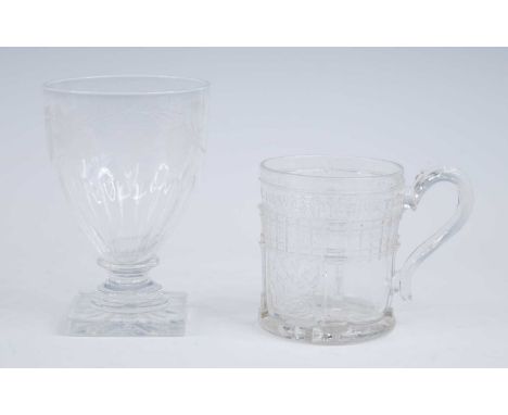 A glass rummer, circa 1800, the bowl etched with barley and having flat cut decoration above a rudimentary stem and lemon squ