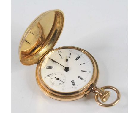 A Swiss yellow metal lady's full hunter pocket watch, having engine turned black enamel and rose cut diamond set case, unsign