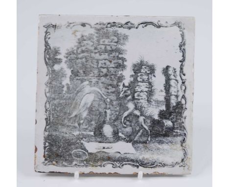 A Liverpool delftware tile, Sadler and Green, circa 1770, depicting the fox and the stork, 12.5 x 12.5cm Reference: Archer M 