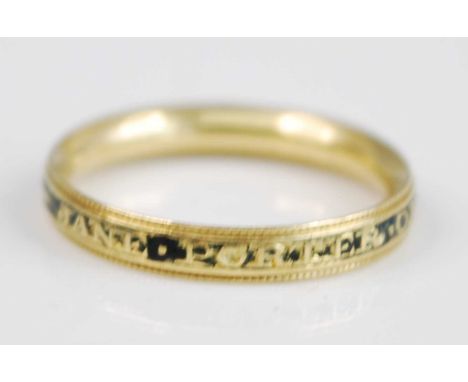 A 19th century yellow metal memorial ring inscribed Jane Porter OB 28 Sep AE 82, with black enamel inlay, ring width 3.2mm, s