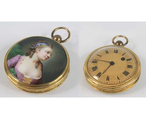 A late 19th century French yellow metal and enamelled porcelain backed pocket watch, having engine turned Roman dial, keywind