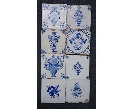 A Dutch blue and white tile, circa 1600-50, decorated with flowers, 13 x 13cm, together with seven blue and white delftware t