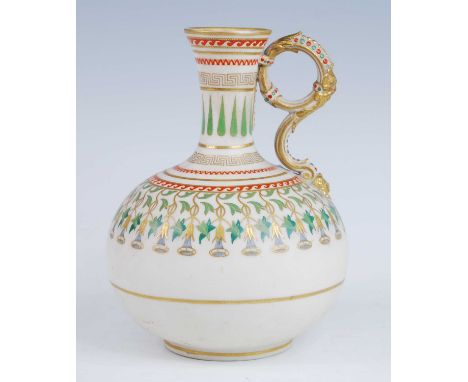 A Copeland parian ewer, mid 19th century, of globular form, the handle having applied masks, enamel decorated with bluebells,