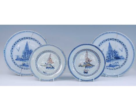 A pair of Lambeth polychrome delftware plates, William or Abigail Griffith, circa 1760, decorated with an eastern landscape, 