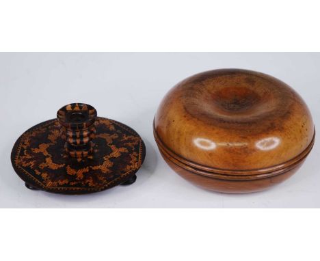 A Victorian rosewood and Tunbridge ware chamberstick, the turned sconce above a circular base with geometric flowerhead decor