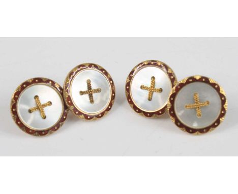 A pair of yellow metal double-ended cufflinks, each having two 15mm circular plates with mother of pearl inlay and red enamel