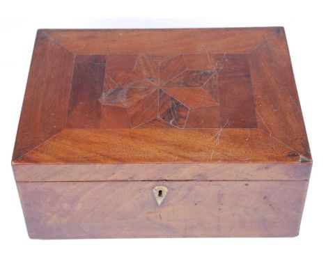 A Victorian mahogany and specimen wood inlaid box, the contents to include a rosewood and boxwood inlaid Bezique box, a rosew