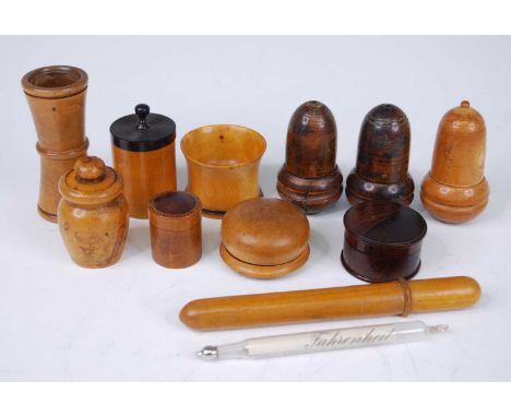 An early 20th century dairy thermometer, housed in a cylinderical boxwood case, 15cm, together with various other treen items