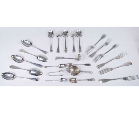 A harlequin collection of 18th century and later flatware, comprising a set of six table forks in the Fiddle pattern with arm