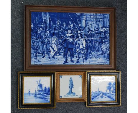 A Nederlande Keramische Industrie blue and white six tile mural, 20th century, after Rembrandt, 'The Nightwatch', 28 x 44cm, 