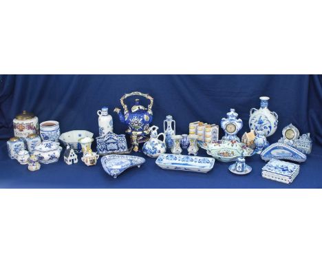 A collection of Delftware, 20th century, to include a Boch Keramis polychrome spirit kettle, a De Porceleyen Fles blue and wh