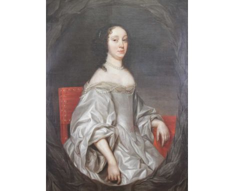 18th century English school - half-length portrait of a woman wearing a silk dress and pearl choker, oil on canvas (re-lined)