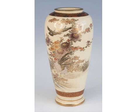 A Japanese Satsuma earthenware vase, Meiji period, gilt and enamel decorated with birds amongst flowers, marked 仙山 for Senzan