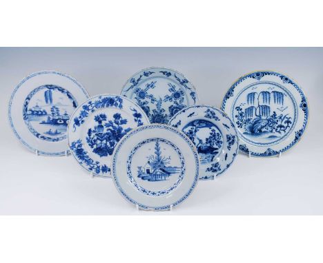 A Lambeth blue and white delftware pate, William or Abigail Griffith, circa 1760, decorated with a pagoda within a landscape,