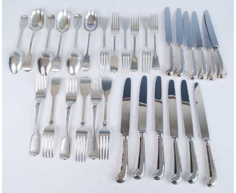 A 19th century and later six-place setting associated silver cutlery suite, in the Fiddle pattern and some pieces with engrav