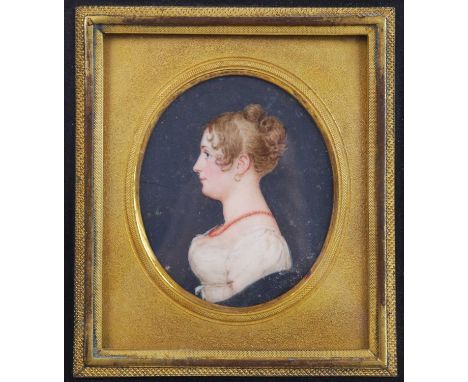 19th century English school, profile portrait of a young woman wearing a coral necklace, miniature watercolour on ivory, unsi