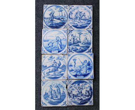 A matched set of eight blue and white delftware tiles, to include London examples, 18th century and later, each depicting a B