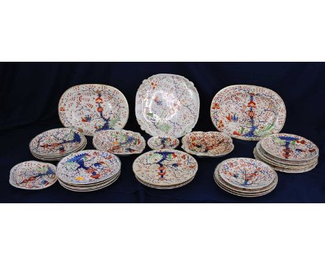 A Derby porcelain part dinner service, 1806-1825, decorated in the 'Cherry Tree' pattern, red enamel factory marks (27)A coup