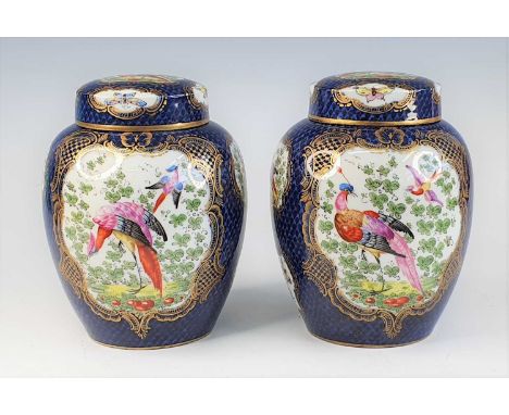 A pair of Edmé Samson of Paris porcelain jars and covers, 19th century, decorated in the Dr Wall Worcester style with birds w