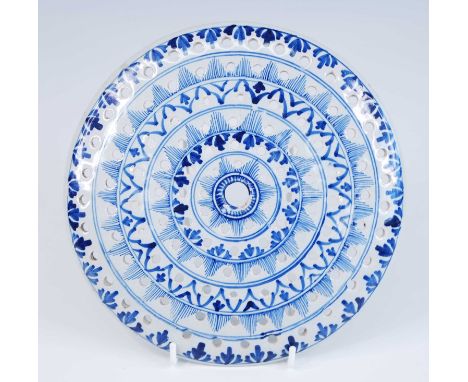 A Lambeth blue and white delftware colander, circa 1760, being geometrically decorated, dia.23cm Reference: Archer M (1997) D
