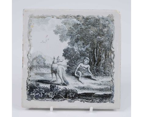 A Liverpool delftware tile, Sadler and Green, circa 1770, depicting the fox and the monkey, 12.5 x 12.5cm Reference: Archer M