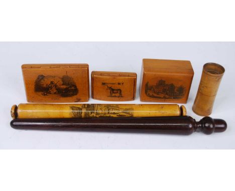 A collection of assorted treen ware to include a Mauchline trinket box and cover transfer printed with a view of St Mary's Ch