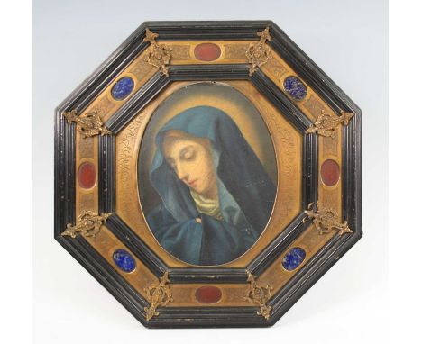 19th century continental school - Head and shoulders portrait of the Madonna, oil on board, 20.5 x 16cm, framed as an oval in