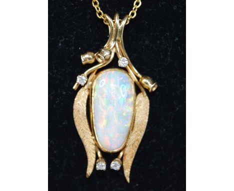 A yellow metal tulip shaped opal and diamond pendant, featuring a 17.35 x 8.75 x 5.7mm precious opal cabochon within an open 