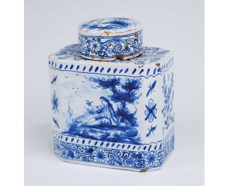 A Delft blue and white tea caddy, 19th century, decorated with a reclining lady, marked for Adriaen Kocks, h.12.5cm