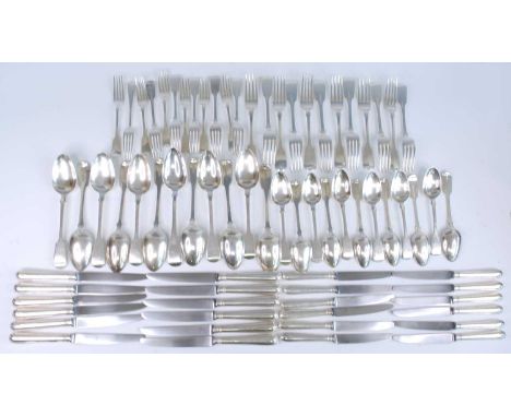 A 19th century and later silver twelve-place setting associated cutlery suite, in the Fiddle pattern and many with engraved m