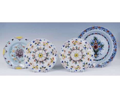 A pair of Lambeth polychrome delftware plates, attributed to John Brayne, circa 1792, in the Ann Gomm pattern, dia.23cm, toge