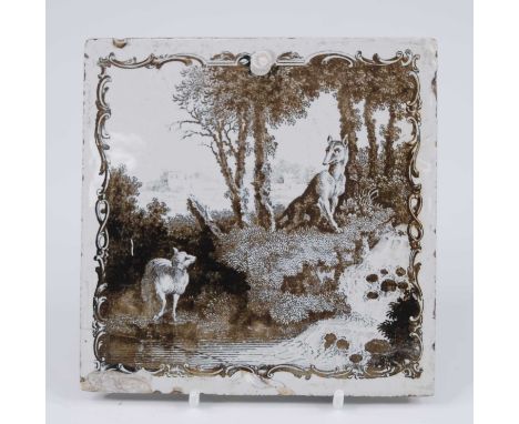 A Liverpool delftware tile, Sadler and Green, circa 1770, depicting the fox and the lamb, 12.5 x 12.5cm Reference: Archer M (