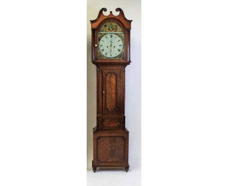 An early Victorian mahogany longcase clock, having a 13" painted arch dial, emblematic of the four countries of the Union, wi