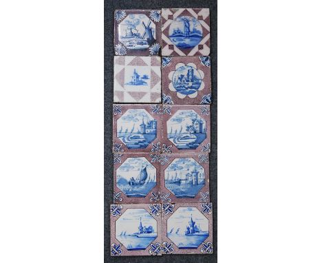 A Bristol polychrome delftware tile, circa 1725-50, decorated with buildings within a petal roundel, 13 x 13cm, together with