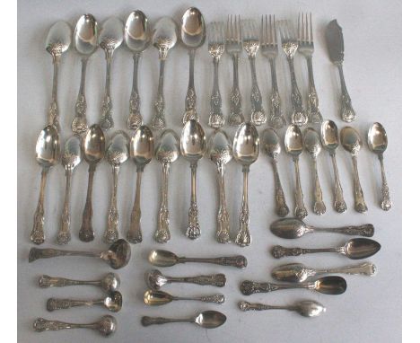 A collection of George III and later silver flatware, in the Kings, Queens and Hourglass patterns, comprising six table forks