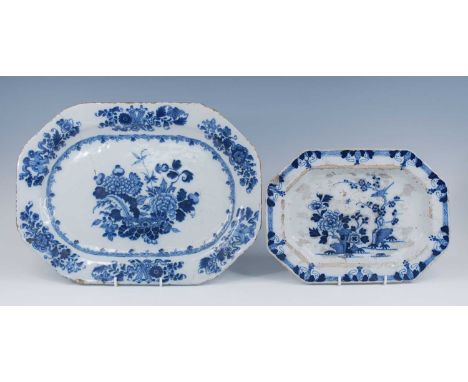 An English blue and white delftware meat dish, probably London or Bristol, 18th century, of octagonal form, decorated with fl