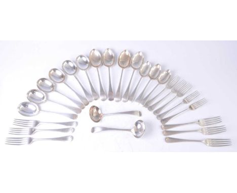 A George V harlequin silver cutlery suite, in the Old English pattern, comprising two sauce ladles, six soup spoons, four ser