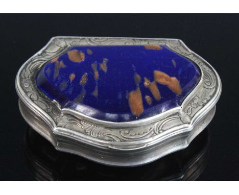 A mid-18th century silver pocket snuff-box, having lapis lazuli inset hinged cover and gilt-washed interior, 1.6oz, maker Joh