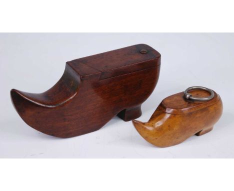 A Victorian mahogany novelty table snuff box, in the form of a clog with rotating cover, h.6cm, together with one other small