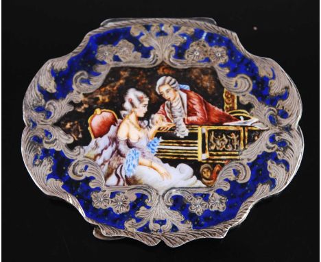 A circa 1900 continental silver and enamel ladies powder compact, the hinge cover enamel decorated with a courtship scene, wi