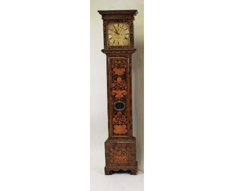 Isaac Penton of London, circa 1700 and later restored, walnut and floral marquetry longcase clock having an 11¼" square brass