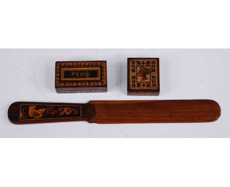 A Victorian Tunbrige ware letter opener / page turner, the handle specimen wood inlaid in the tumbling block pattern with flo