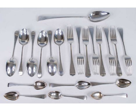 A harlequin collection of 19th century and later silver cutlery, comprising eight table forks in the Old English pattern, mak