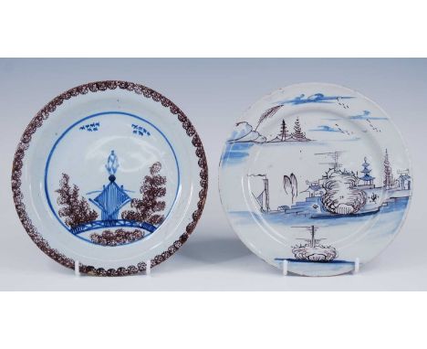 A Bristol polychrome delftware plate, probably Richard Frank of Redcliff Back, circa 1760, decorated with trees beside a pavi